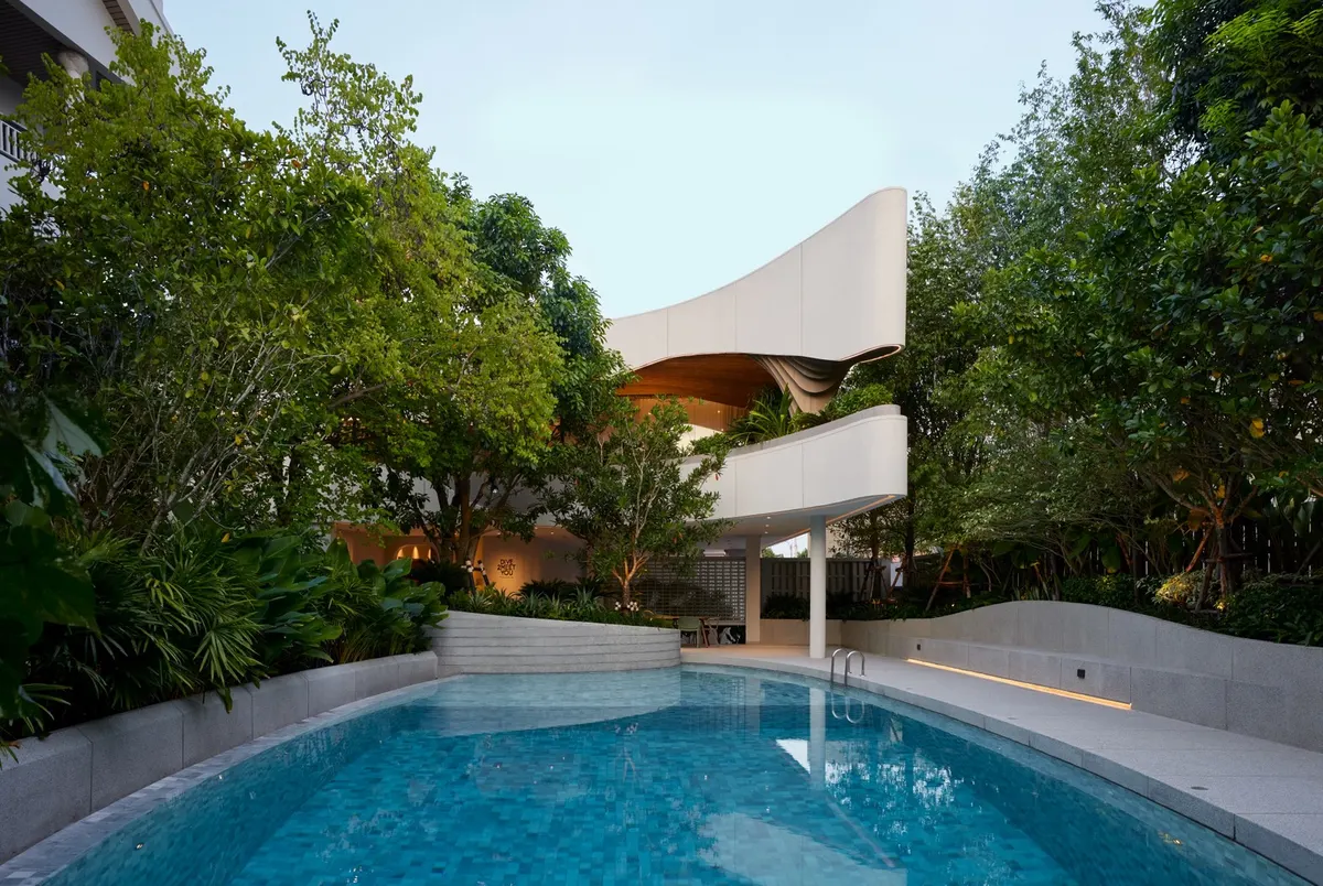 Clubhouse and saltwater pool panorama